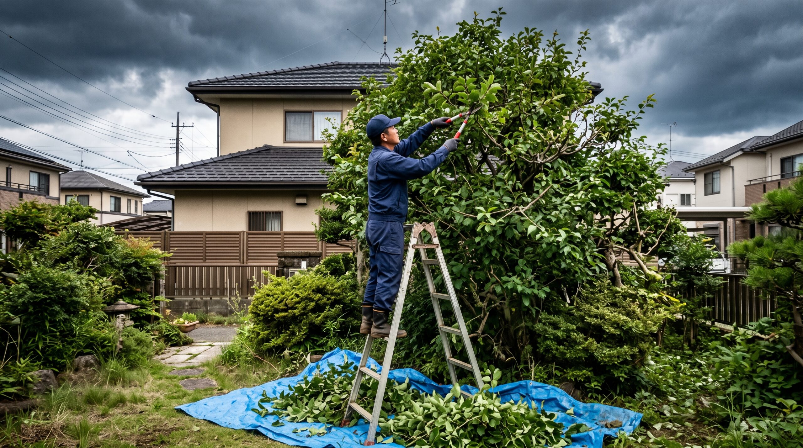 台風前に庭木を剪定する作業員