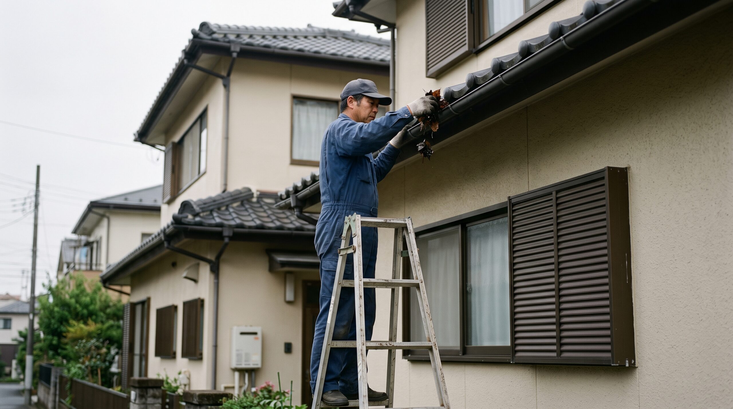 脚立に乗って雨樋の落ち葉を取り除く作業員