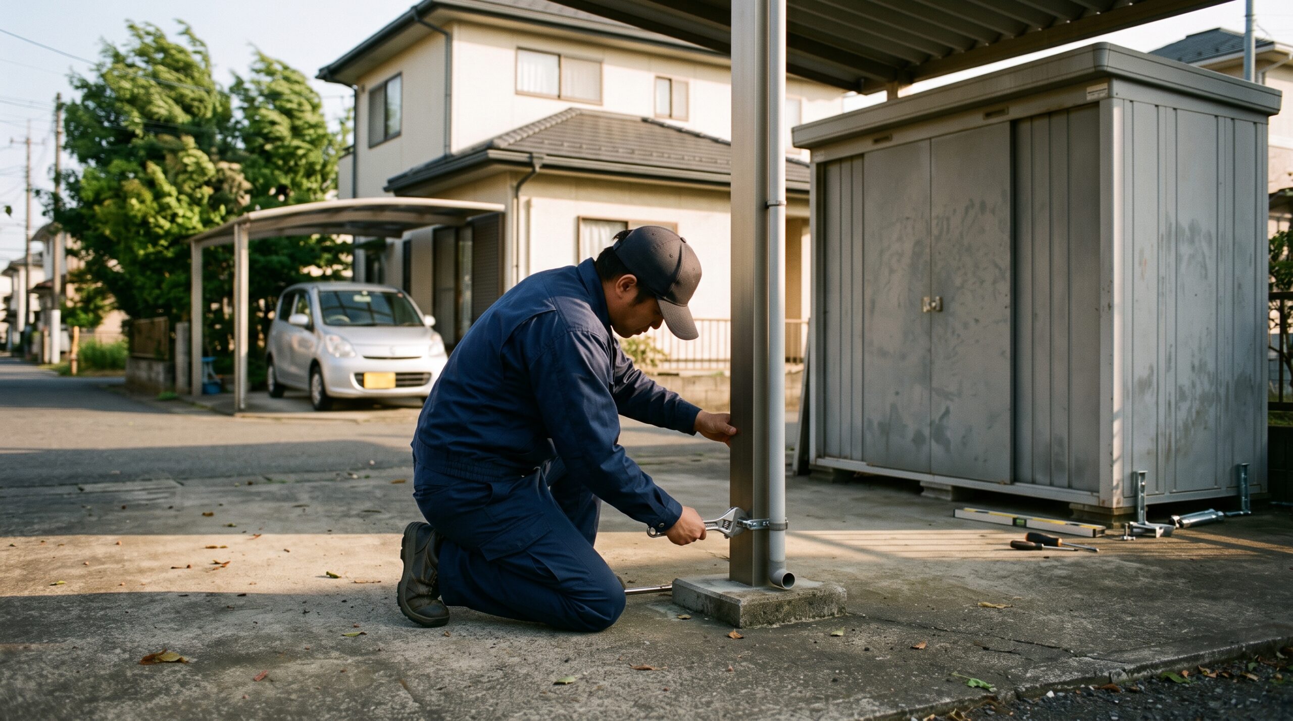 カーポートの支柱と物置を補強する作業員