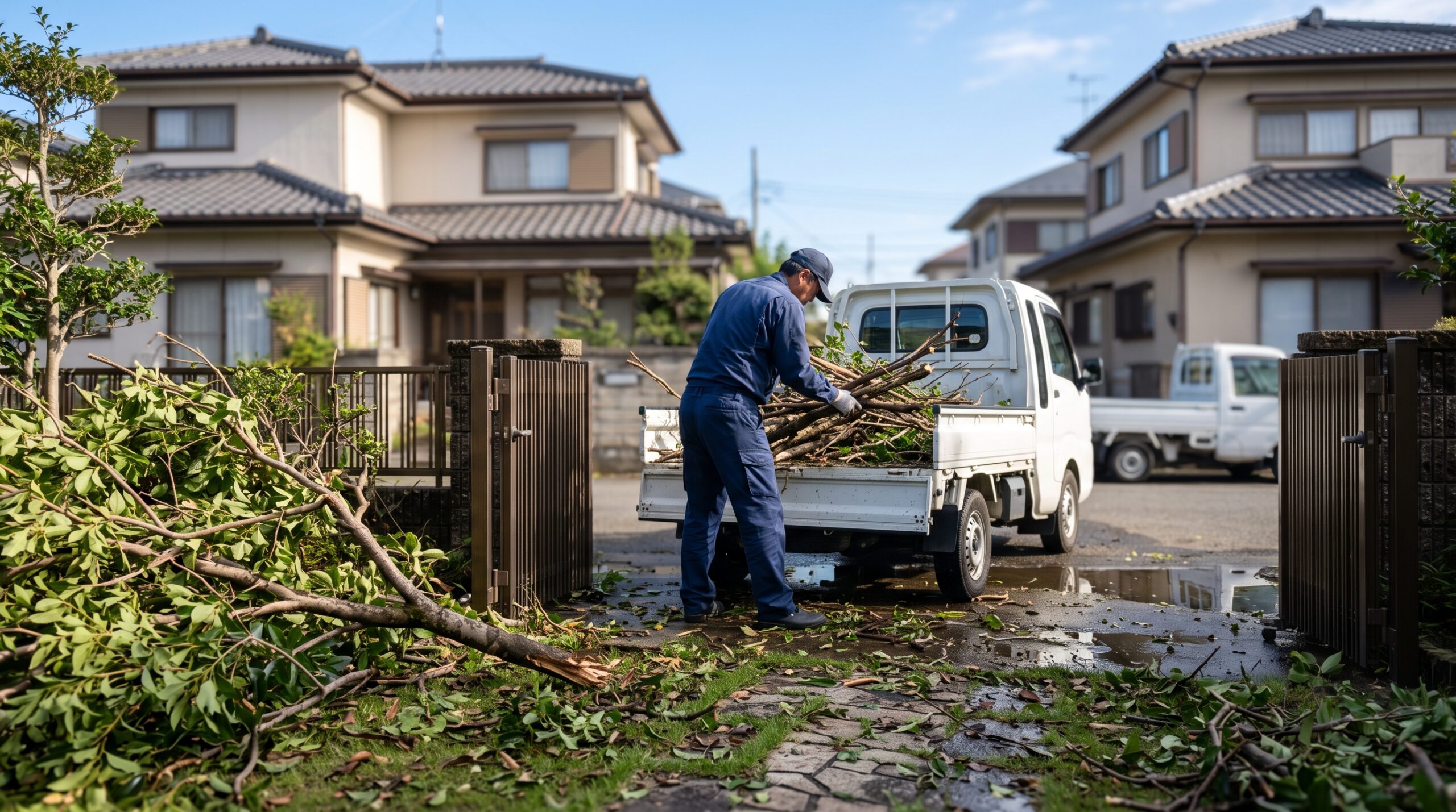 台風で折れた庭木の枝を軽トラックに積む作業員