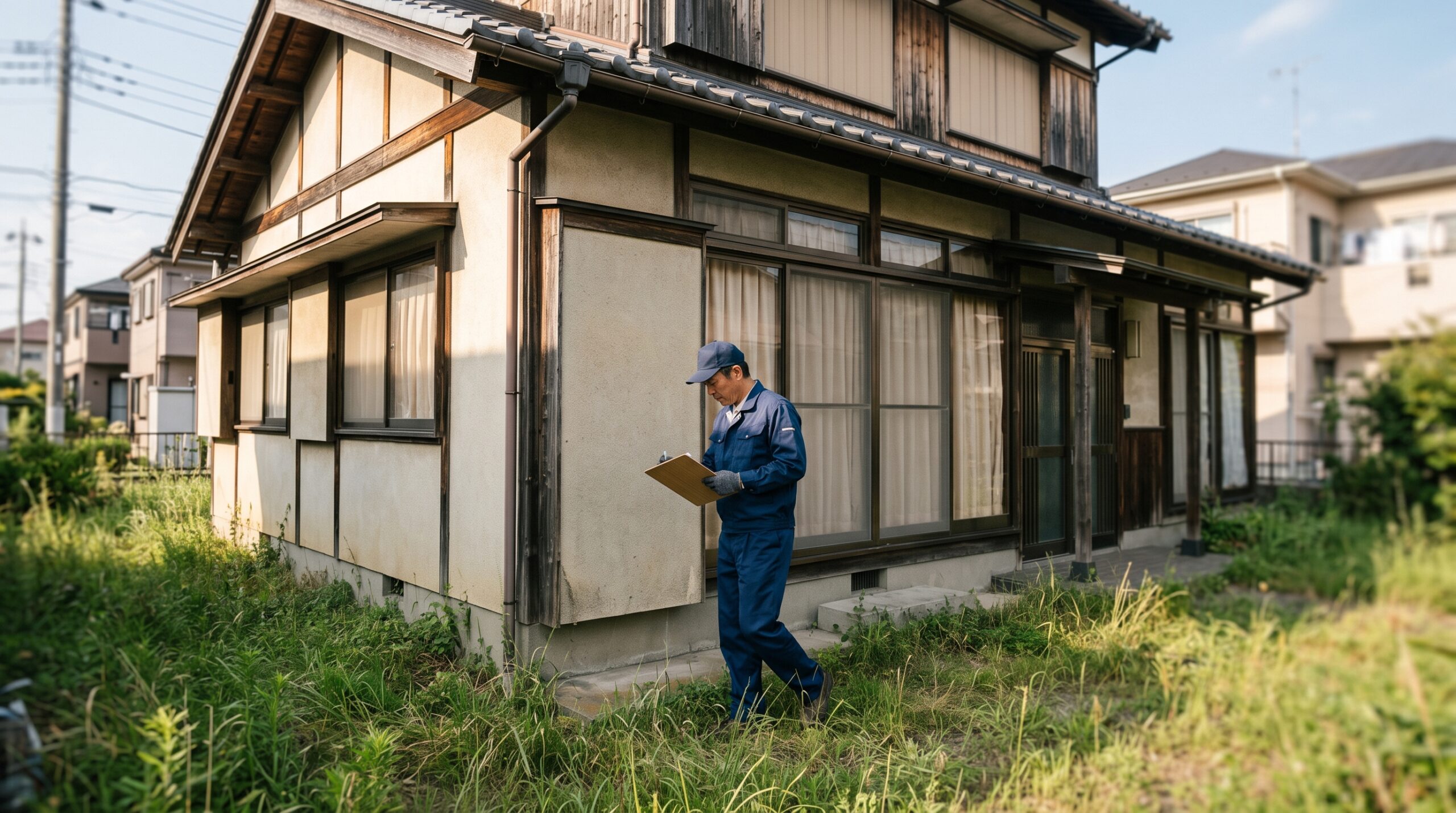 長期休暇中に空き家となった実家の外回りを点検する作業員