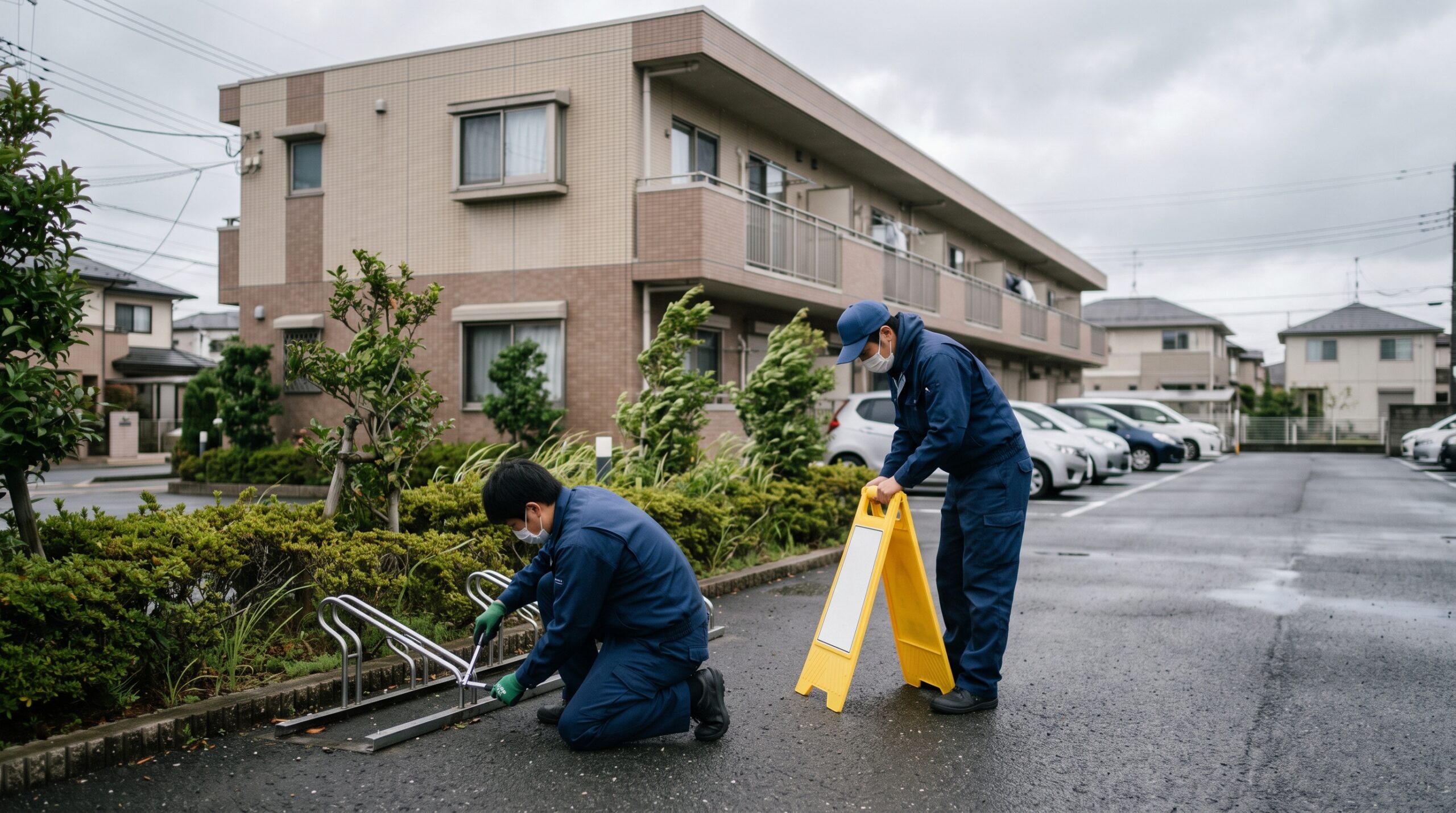 マンション駐車場で駐輪ラックと立て看板を台風に備えて固定する作業員