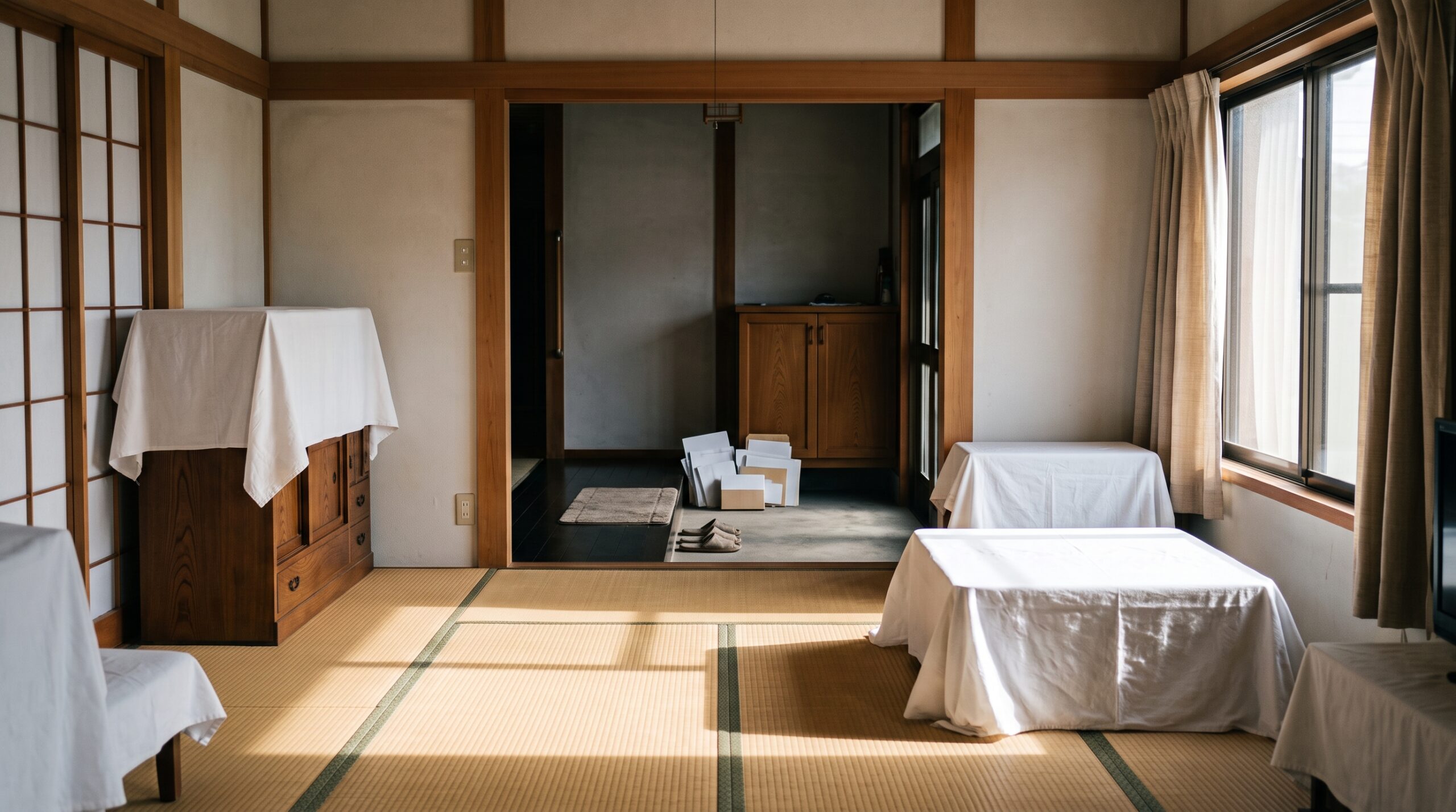 白い布を掛けた家具が残る空き家の和室
