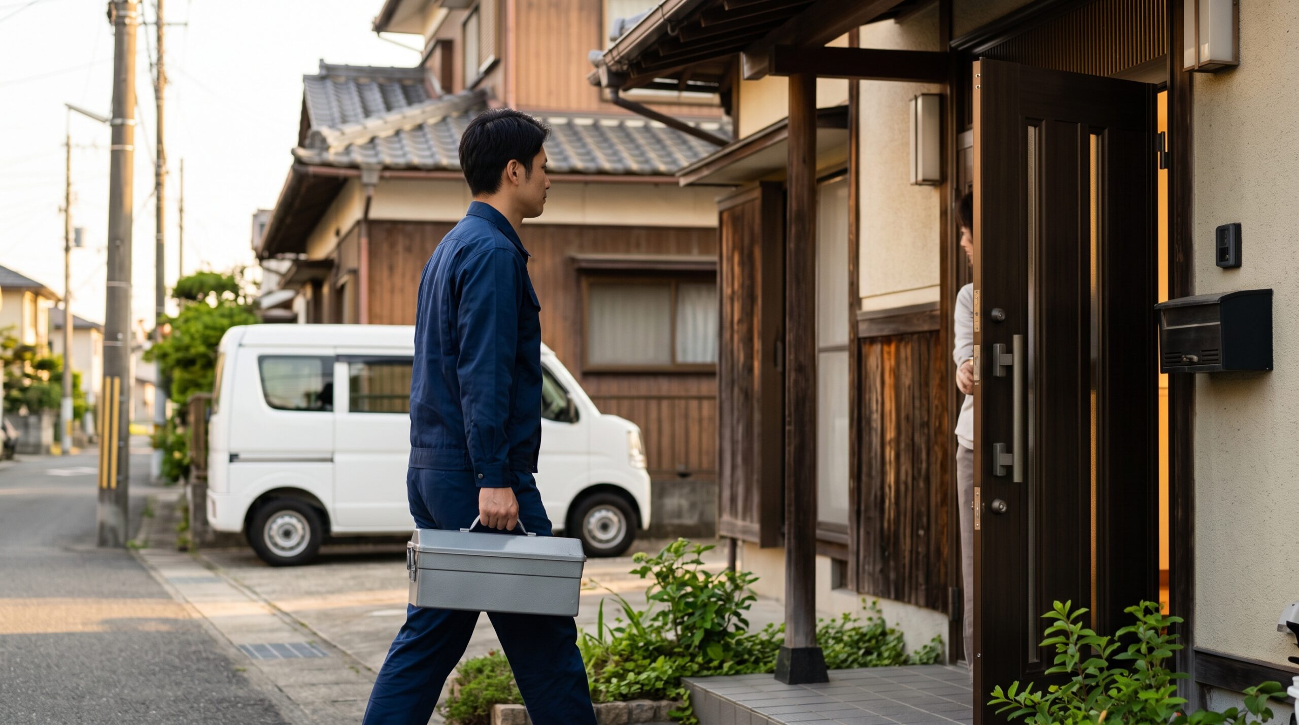 工具箱を持って住宅の玄関を訪れる作業員